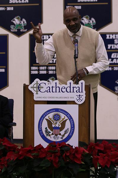 Mr. Barlow addresses the student body.