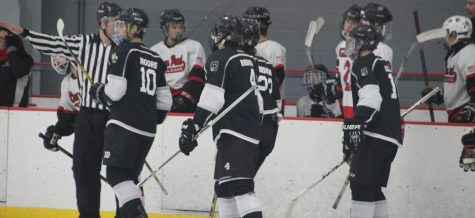 Senior David Bedich, freshman Sam Bedich and junior Robbie Clark Jr. play in a hockey game. 
