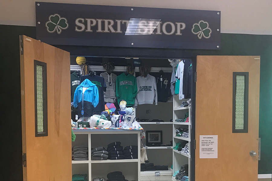 The bookstore and spirit shop are located in Kelly Hall in the cafeteria. 