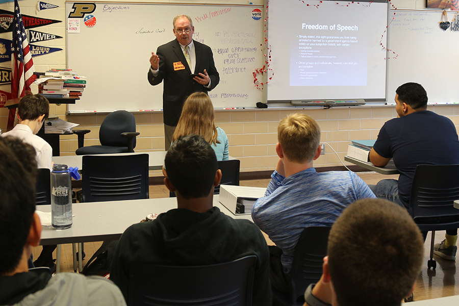 Court of Appeals Judge Mr. Paul Mathais speaks to economics students and We the People team members during flex on Sept. 18.