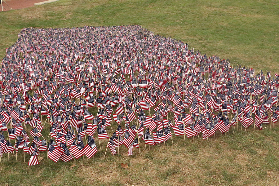 One American flag for every victim of the 9/11 terrorist attacks has been placed in the courtyard in front of Loretto Hall. 