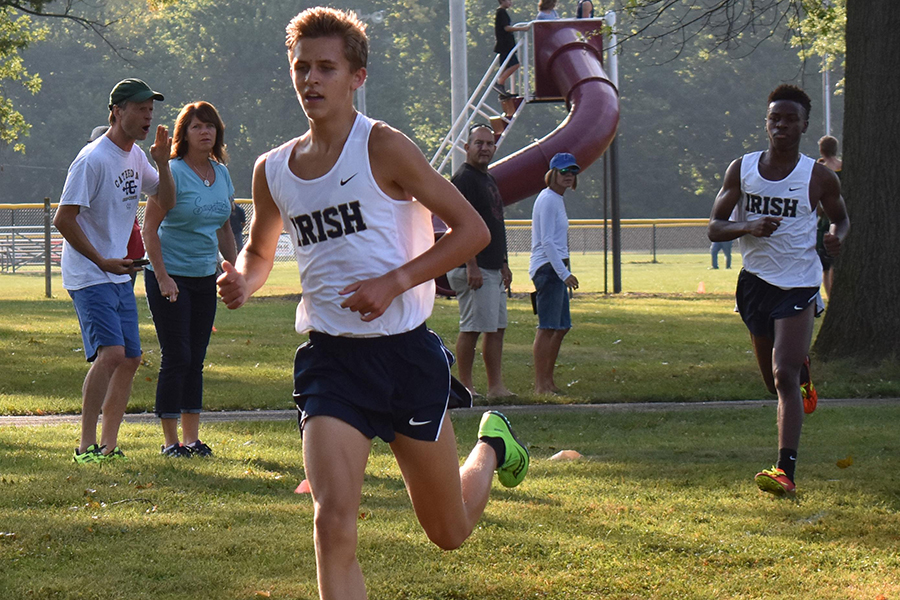 Sophomore Nick Hruskoci runs during a cross-country meet earlier this season. The team is ranked fourth in the state poll released during the week of Sept. 4. 