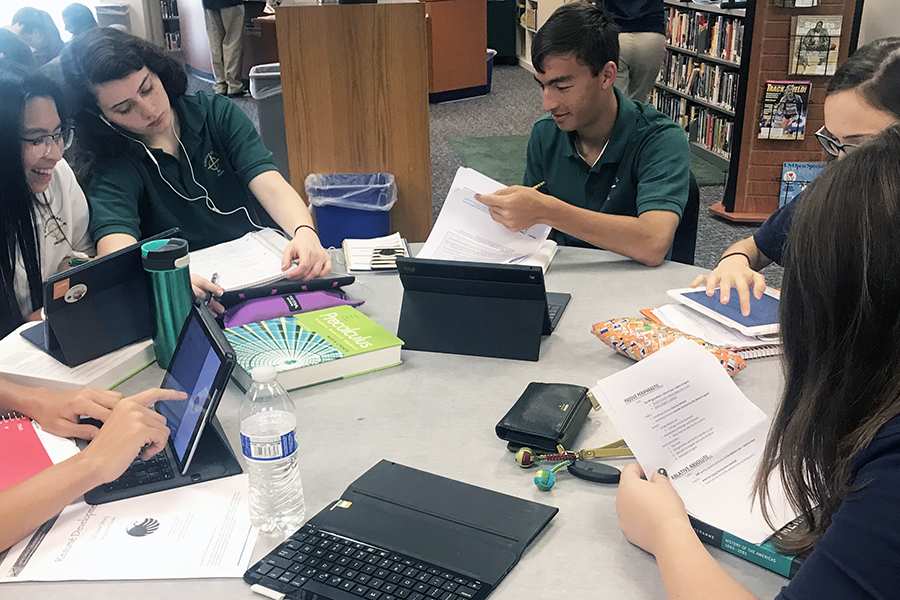 During Period C on Sept. 27, students gathered around a table to work on assignments. The library is an even more popular place for students to gather during flex. 