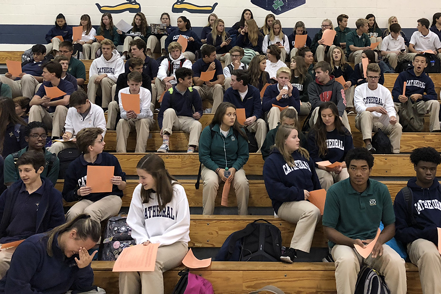 Students attend a PSAT information meeting in the Welch Activity Center. Counselors provided information to help test-takers prepare for the Oct. 11 PSAT. 