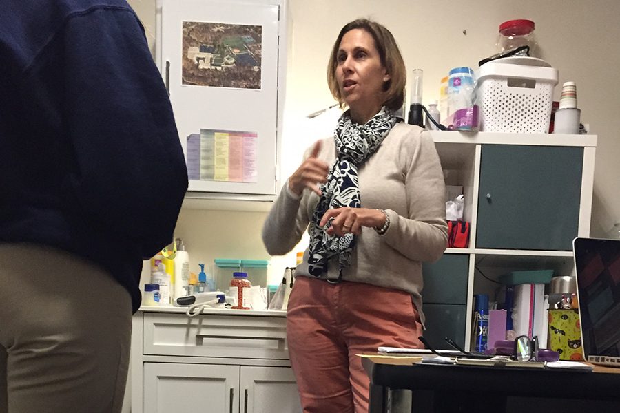 In her office, school nurse Mrs. Susan Mourouzis assists a student. With the flu season in full swing, the nurse offered tips for avoiding getting sick. 