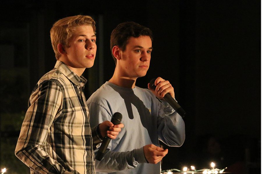 Seniors Ethan Gogel and Riley Wonder take the stage at last year's Coffee House Jam. This year's event will take place March 2 in the Shiel Student Life Center. 