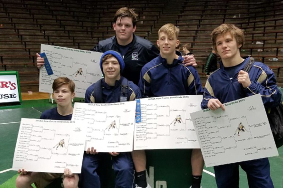 The five Irish wrestlers who won Semistate titles pose at New Castle on Feb. 10. 