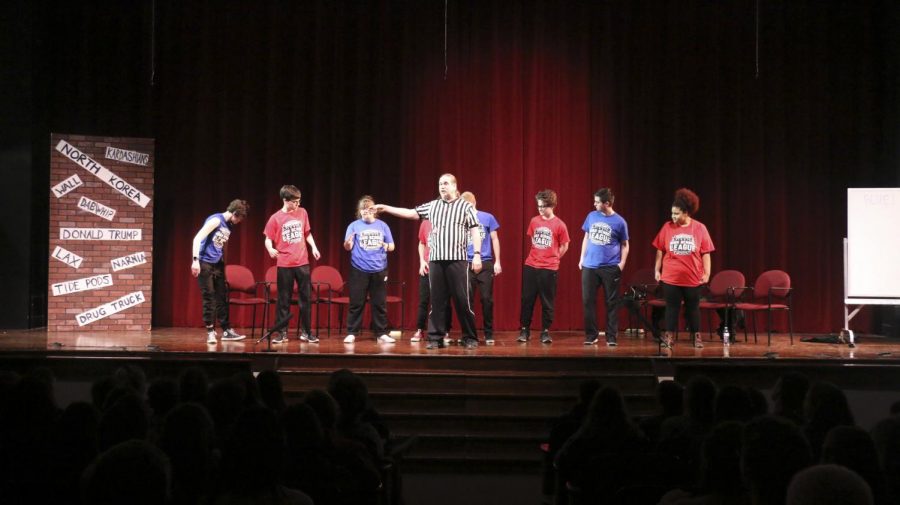 ComedySportz competes in an intramural home match in the auditorium. 