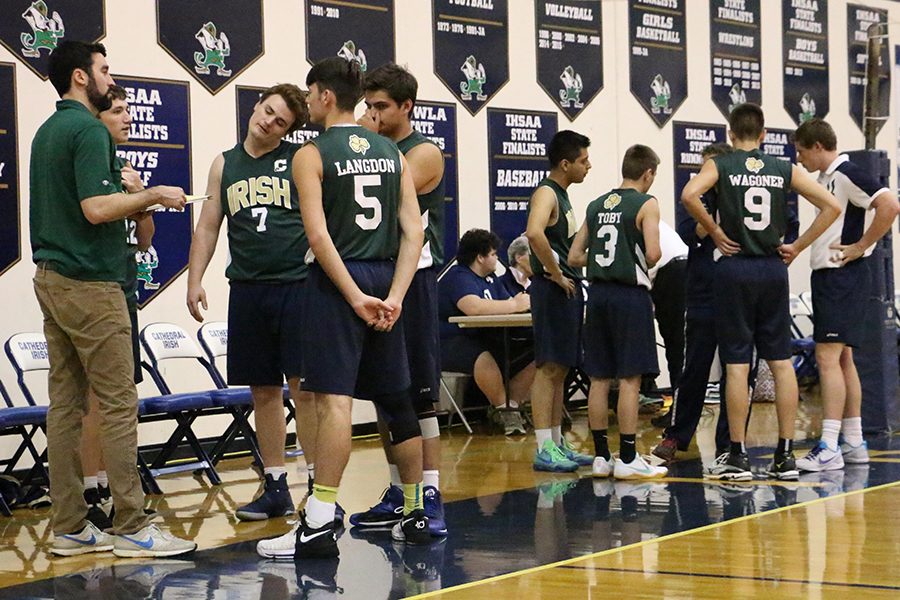 Members of the men's volleyball team, shown during a timeout last season, will host a Pre-St. Patrick's tournament in the Welch Activity Center on March 10. 