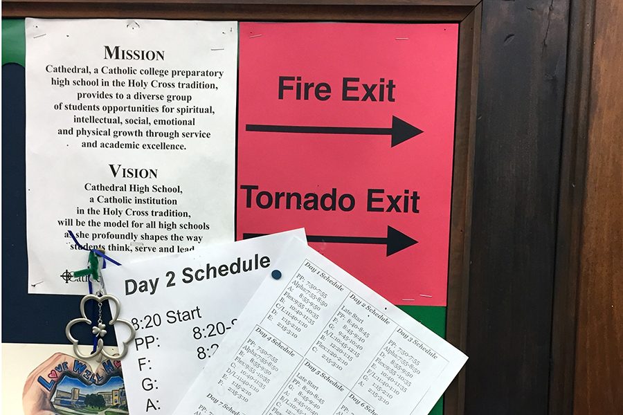 A sign on a bulletin board in a Loretto classroom directs students to their safe location during severe weather.