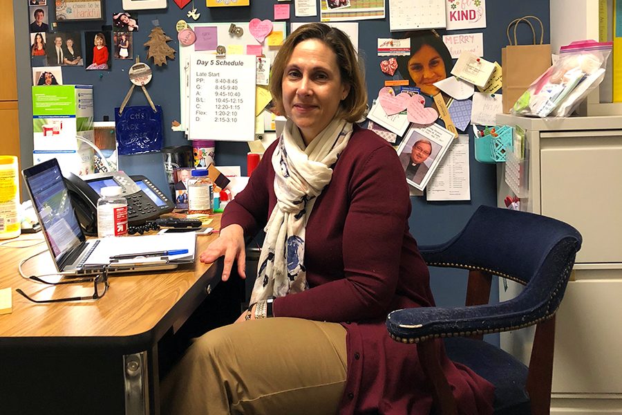 School nurse Mrs. Susan Mourouzis in her office during A period on April 5. 