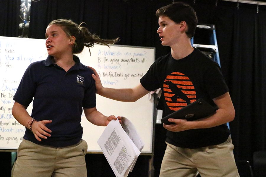 In the green room, sophomore Jessie Quadrini and her older brother, senior Dominic Quadrini rehearse a key scene from "The Lion, the Witch and the Wardrobe."