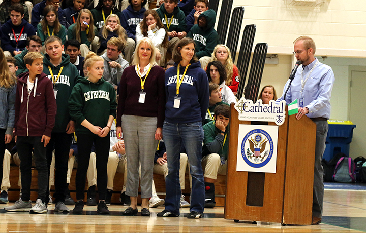 At the multicultural assembly on Oct. 15, German teacher Mr. Josh Payne-Elliott introduces teachers and students from Germany's Otto Hahn Gymnasium. 