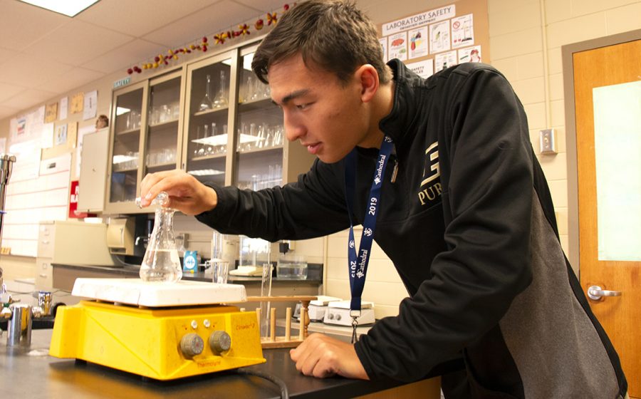 Senior Blake Lowe checks out results during his A period independent study chemistry class on Oct. 8. 