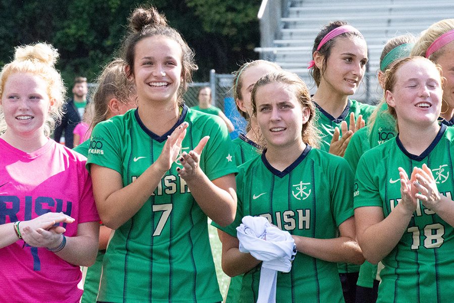 Junior Maddie Wirth, second from left, scored the winning goal in the women's soccer team's State title victory over South Bend St. Joseph.