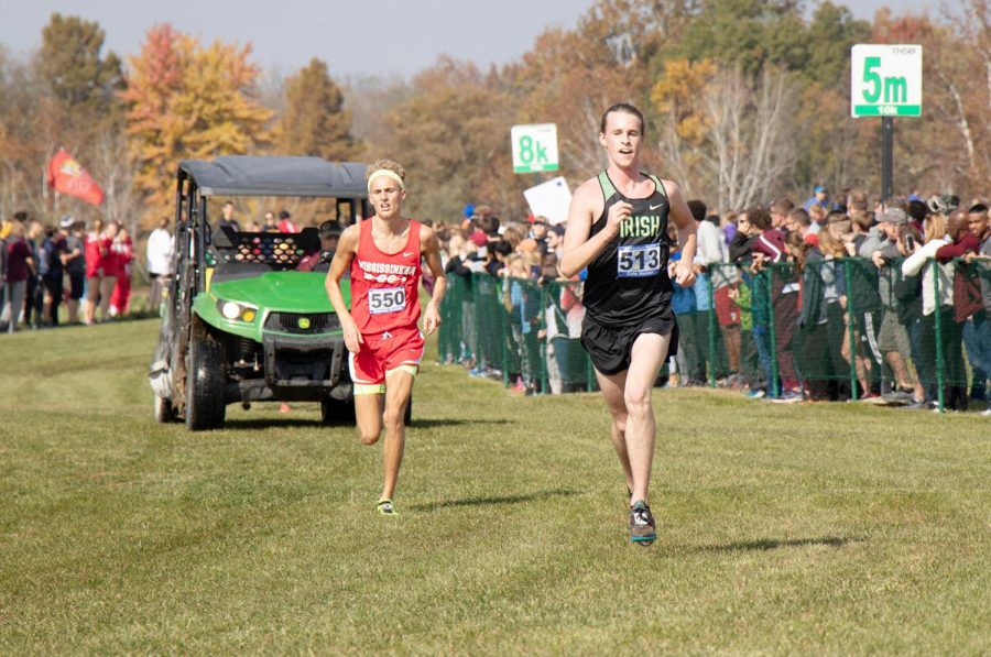 Senior Cole Hocker gets out to a solid lead at the State cross-country meet. Hocker went on to finish first with a time of 15:25.1.