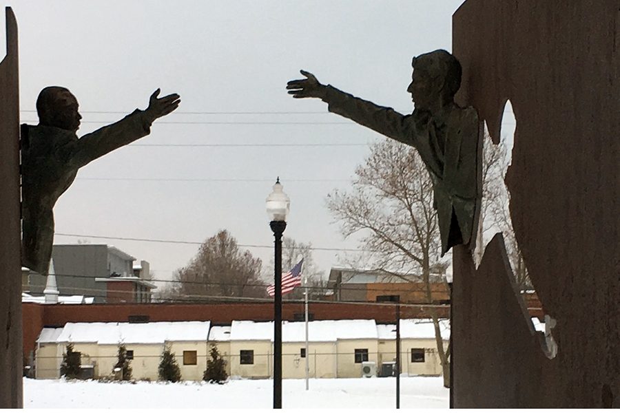 A memorial to Dr. Martin Luther King Jr. and Sen. Robert F. Kennedy stands at the corner of 17th and Broadway streets on the near Northside. 