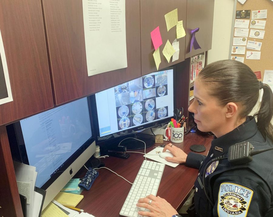 Student Resource Officer Ms. Tabetha Emenaker works in her office.