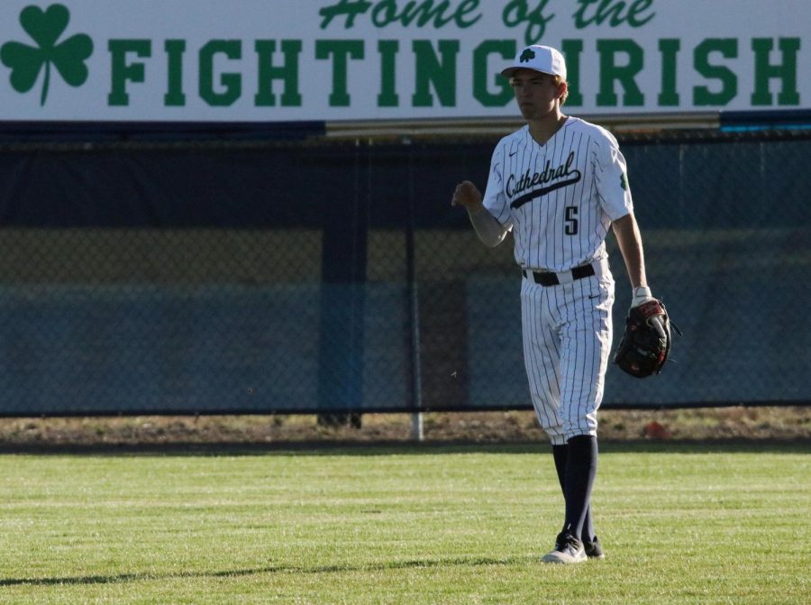 Senior Bo Sanders takes his place in the field during a recent varsity game at Brunette Park. 