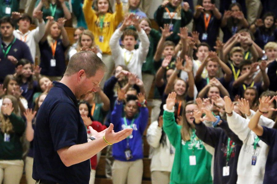 At the conclusion of Mass on Aug. 15 in the Welch Activity Center, Vice Principal Mr. Jere Kubuske receives the traditional Irish blessing from the students, faculty and staff. Kubukse has accepted a teaching position in Green Bay, Wisconsin. 