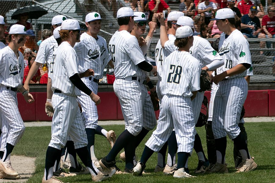 The varsity baseball team won the Sectional championship last spring at New Palestine. 