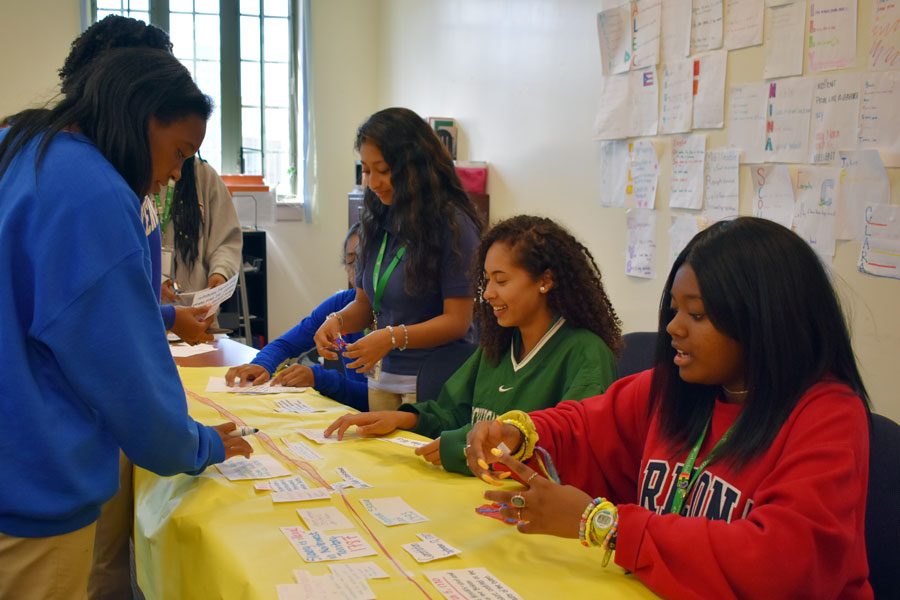 Students in Mrs. Kimberly Carver's C period Voices of the World class complete a project, using cards to create a timeline of African-American history.