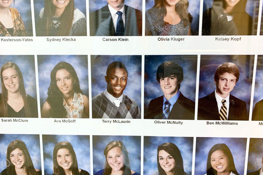 In the first floor hallway in Kelly, recent class composites are displayed, including that of Terry McLaurin from the Class of 2014. 