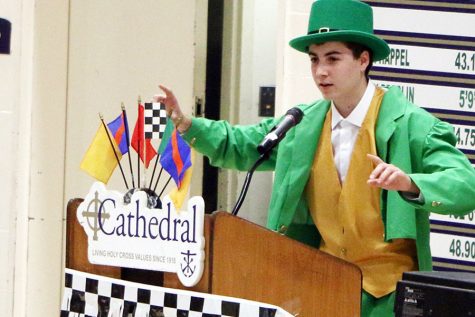 Senior Max Beatty addresses the student body at last spring's Irish 500 after he had been announced as this year's leprechaun. 