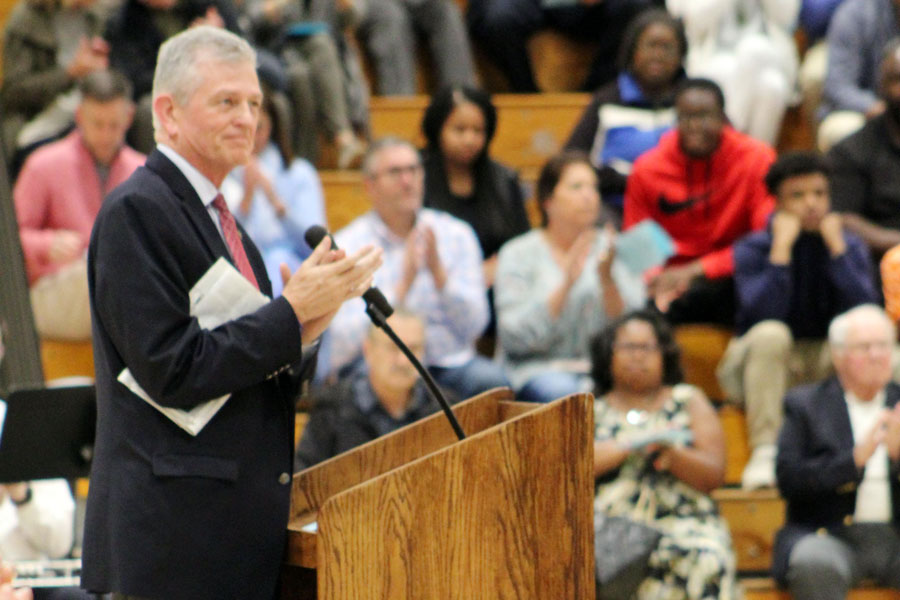 Principal Mr. Dave Worland attends the induction of new National Honor Society members last spring. 