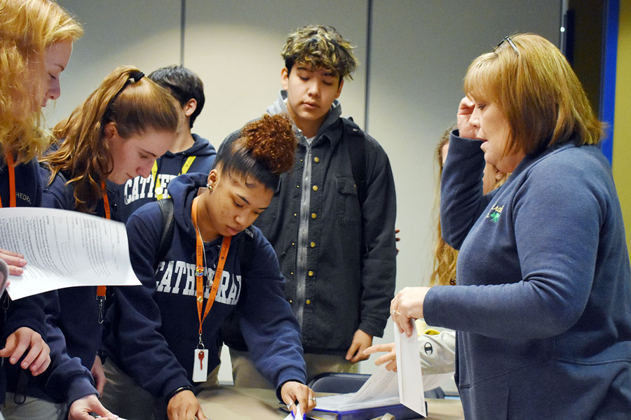 During flex on Feb. 24 in the Shiel Student Life Center, Mrs. Shannon Fox met with students who are participating in this year's spring break mission trip. 