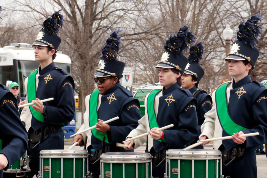 Members of the marching band take part in the St. Patrick's Day parade two years ago in Downtown Indianapolis 