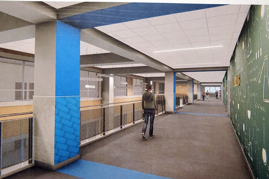 A rendering shows the second floor hallway of the Innovation Center.