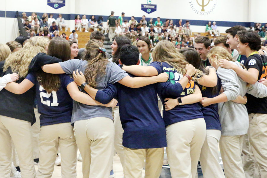 Members of the Student Council gather on the court at last year's welcome assembly. 