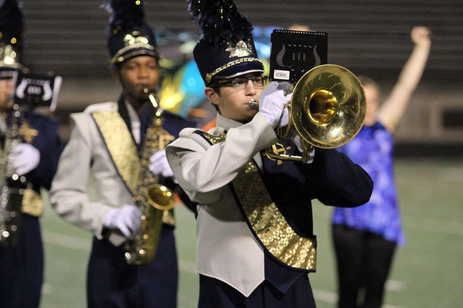 The marching band performs at halftime of the 2019 Homecoming game. 