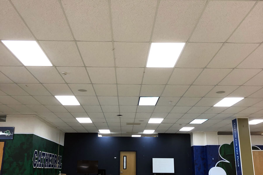 The back of what was the cafeteria last year and is classroom space this year is now illuminated by high efficient LED lights. 