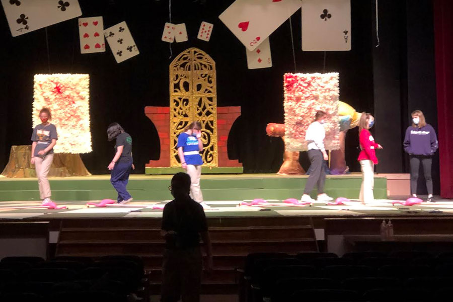 The stage is set for the upcoming performances of "Alice in Wonderland."