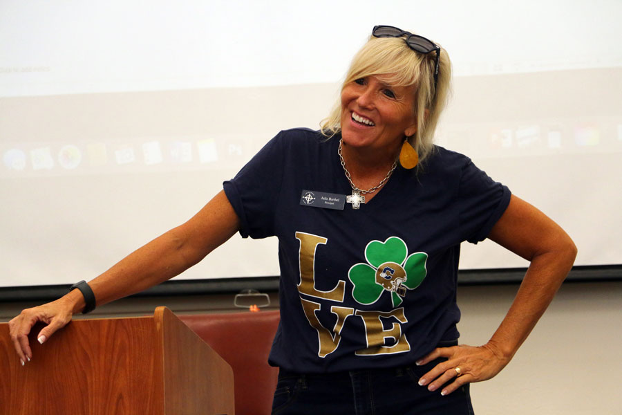 Principal Mrs. Julie Barthel participated in a presser with the newspaper staff on Aug. 20 during E period in Loretto 2214. Barthel outlined her goals for the school year and previewed J-term, which will take place in January.