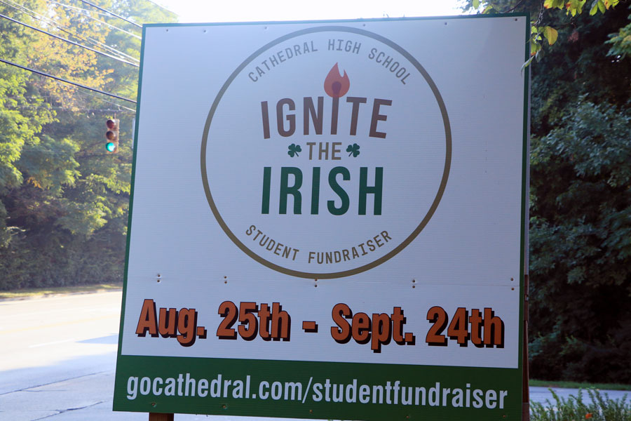 A sign at the bottom of the Hill promotes the Ignite the Irish fundraiser. 