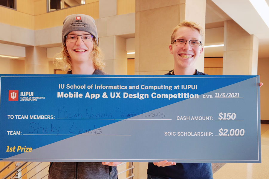 Junior Micah Wasmuth, left, and junior Benjamin Dravis won the top prize at the IUPUI coding competition on Nov. 6. 