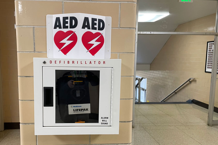 There are eight defibrillators around campus, with this one located outside of school nurse Mrs. Marianne Vogt’s office.