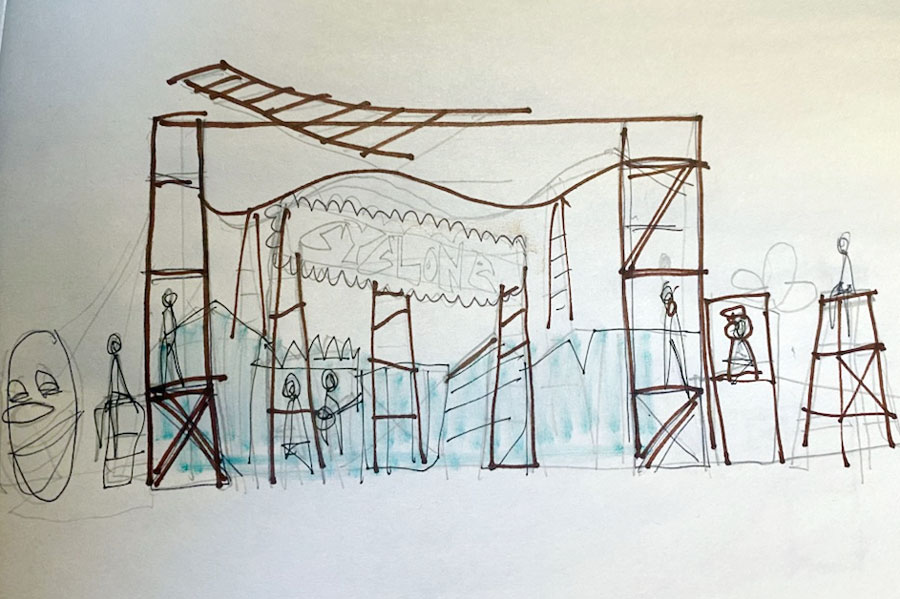 A sketch shows the initial  design for staging Ride the Cyclone.