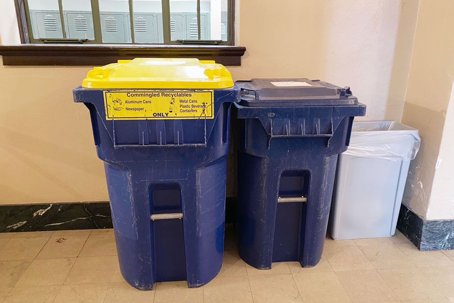 The bins on the first floor of Loretto Hall are among those that are emptied every Wednesday morning by the members of the Environment Club. 