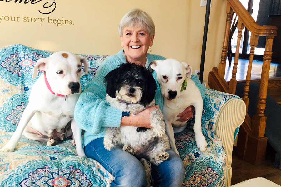 Retired English teacher Mrs. Melinda Bundy relaxes at home with Chloe, Bear and Phoebe. 