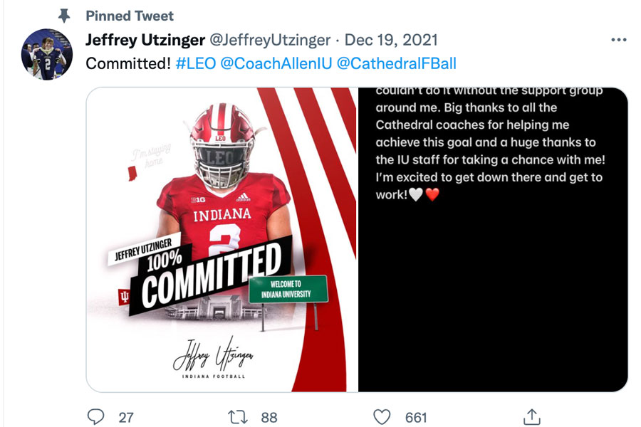 Senior Jeffrey Utzinger will be a preferred walk on for the Indiana University football team next fall. 