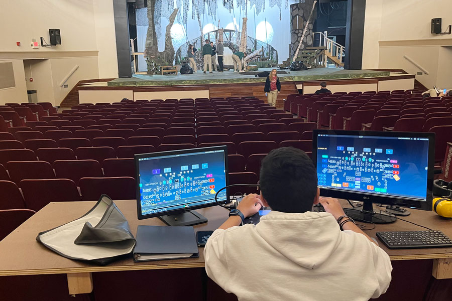 During E period on April 14, senior Ethan Velazquez adjusts the light board in the auditorium for the upcoming production of “Into the Woods.” 