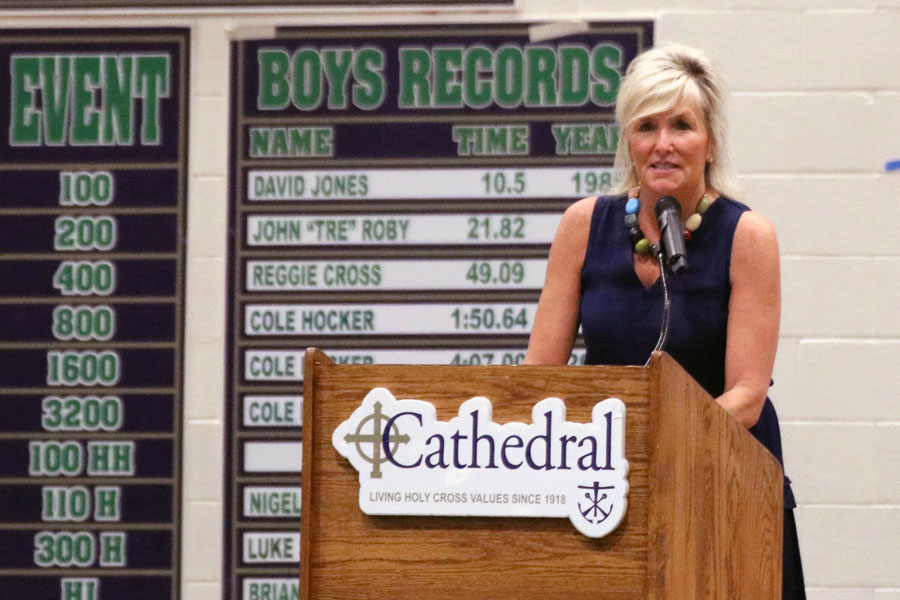 Principal Mrs. Julie Barthel addresses the student body during an assembly that took place it the Welch Activity Center during the second semester of the school year. 