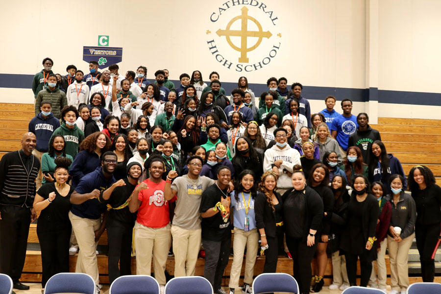 Members of the Black Student Union gather in the Welch Activity Center after the conclusion of the Black History Month assembly. 