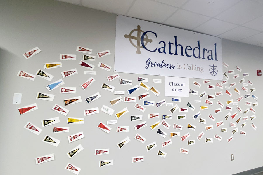 As seniors make their final college decisions, pennants represent their selections. 