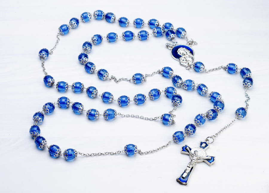 A beautiful blue rosary, the inspiration for todays schedule and school wide prayer activity.