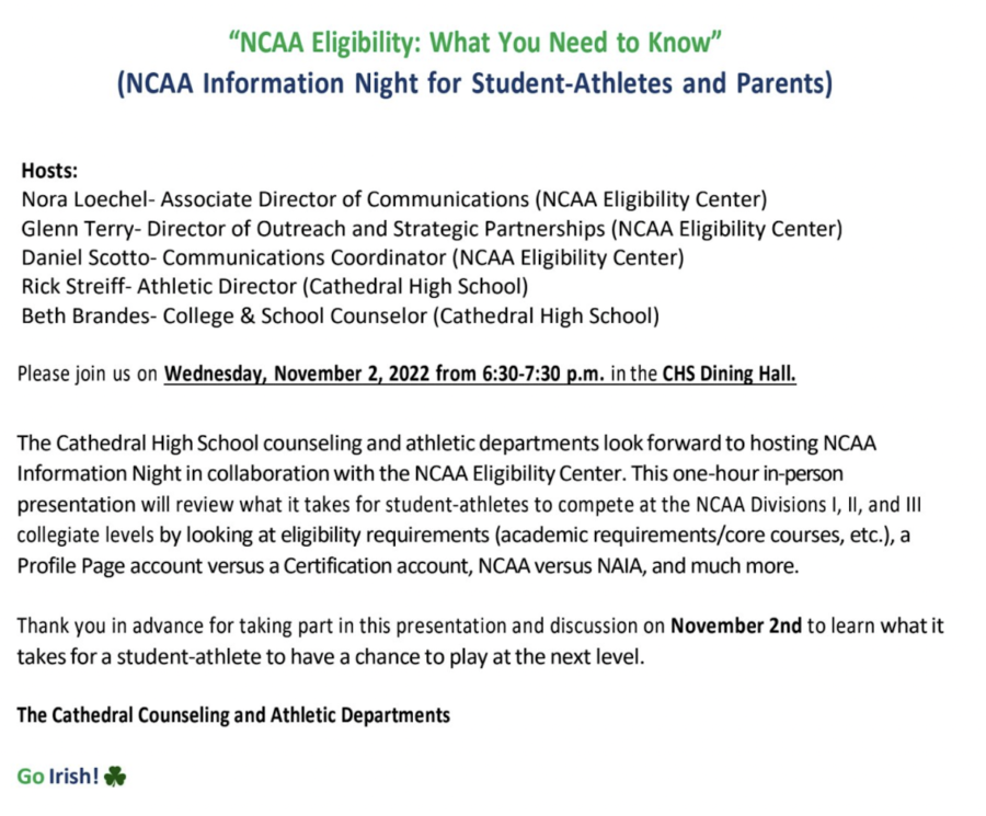 The information for NCAA Information Night was tweeted out by Cathedral High School.